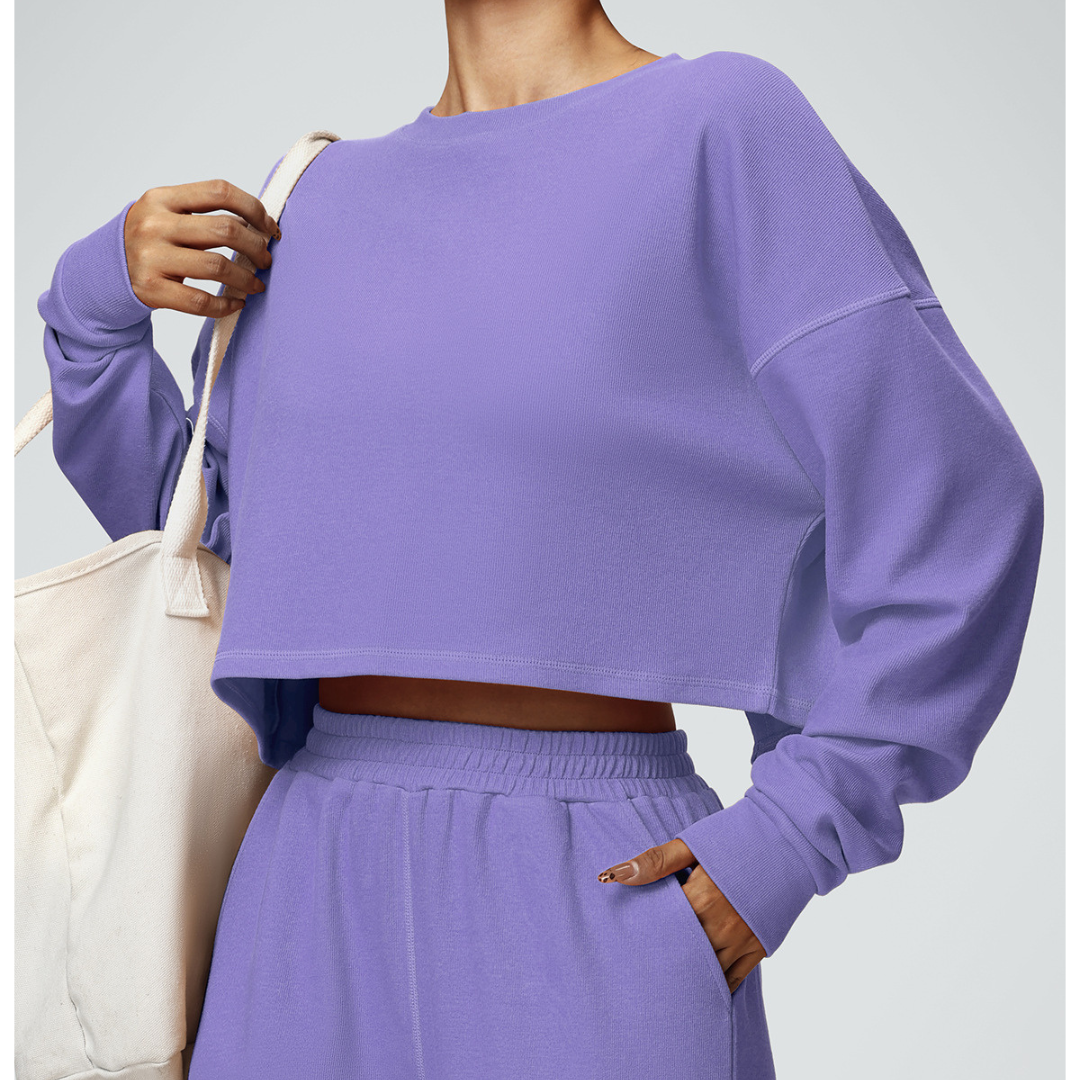 2-Piece Set: Cropped Crew Neck Sweatshirt + High-Waisted Wide-Leg Jogger Pants – Casual Fitness Outfit for Women