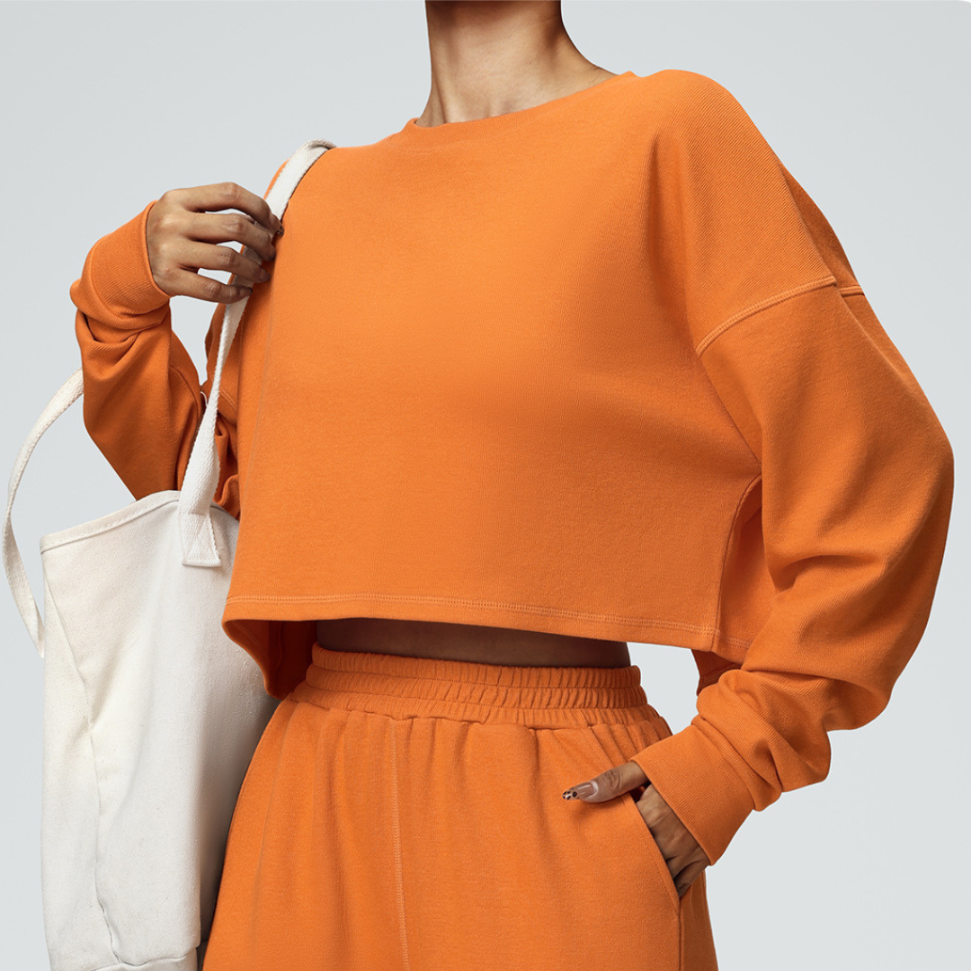 2-Piece Set: Cropped Crew Neck Sweatshirt + High-Waisted Wide-Leg Jogger Pants – Casual Fitness Outfit for Women