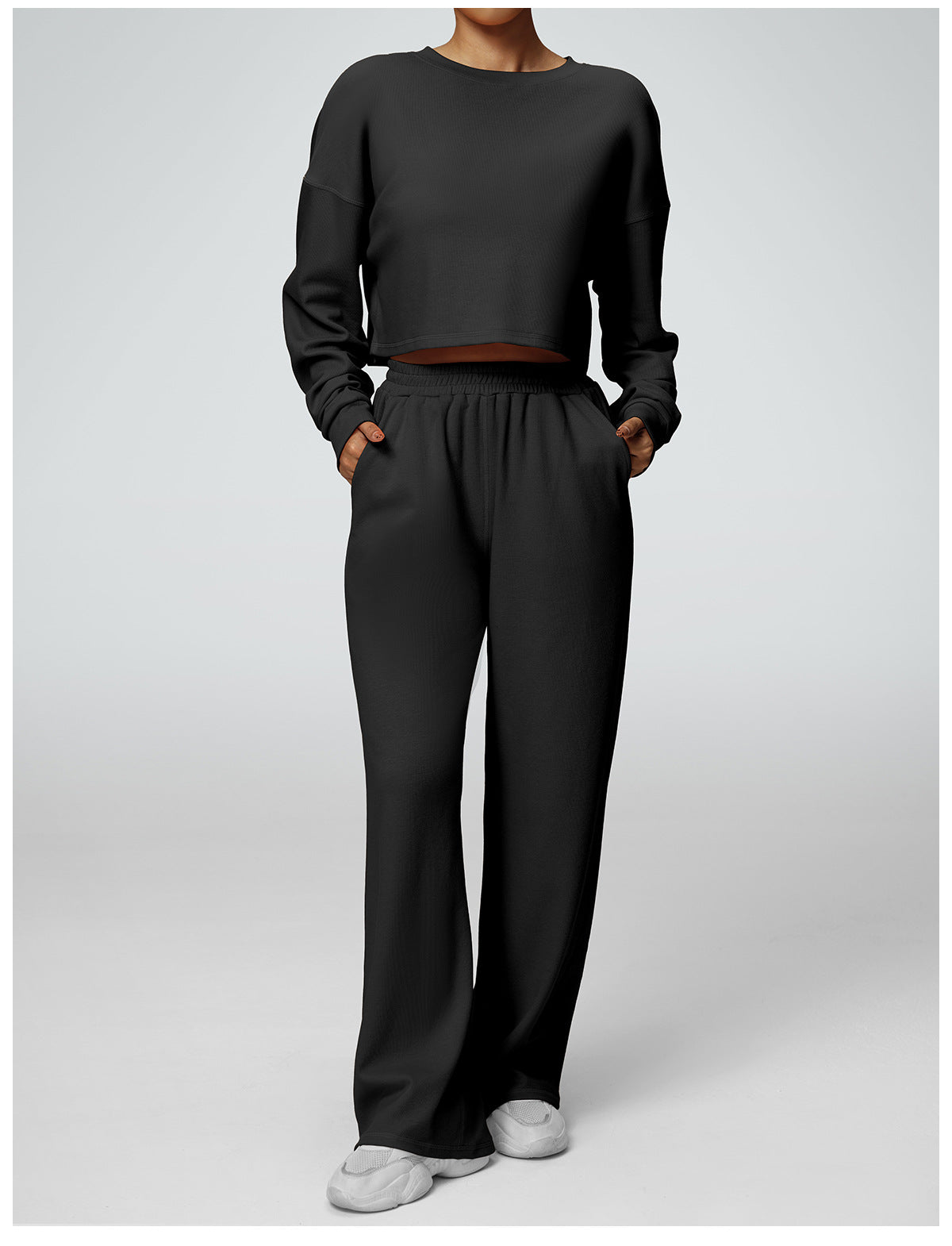 2-Piece Set: Cropped Crew Neck Sweatshirt + High-Waisted Wide-Leg Jogger Pants – Casual Fitness Outfit for Women