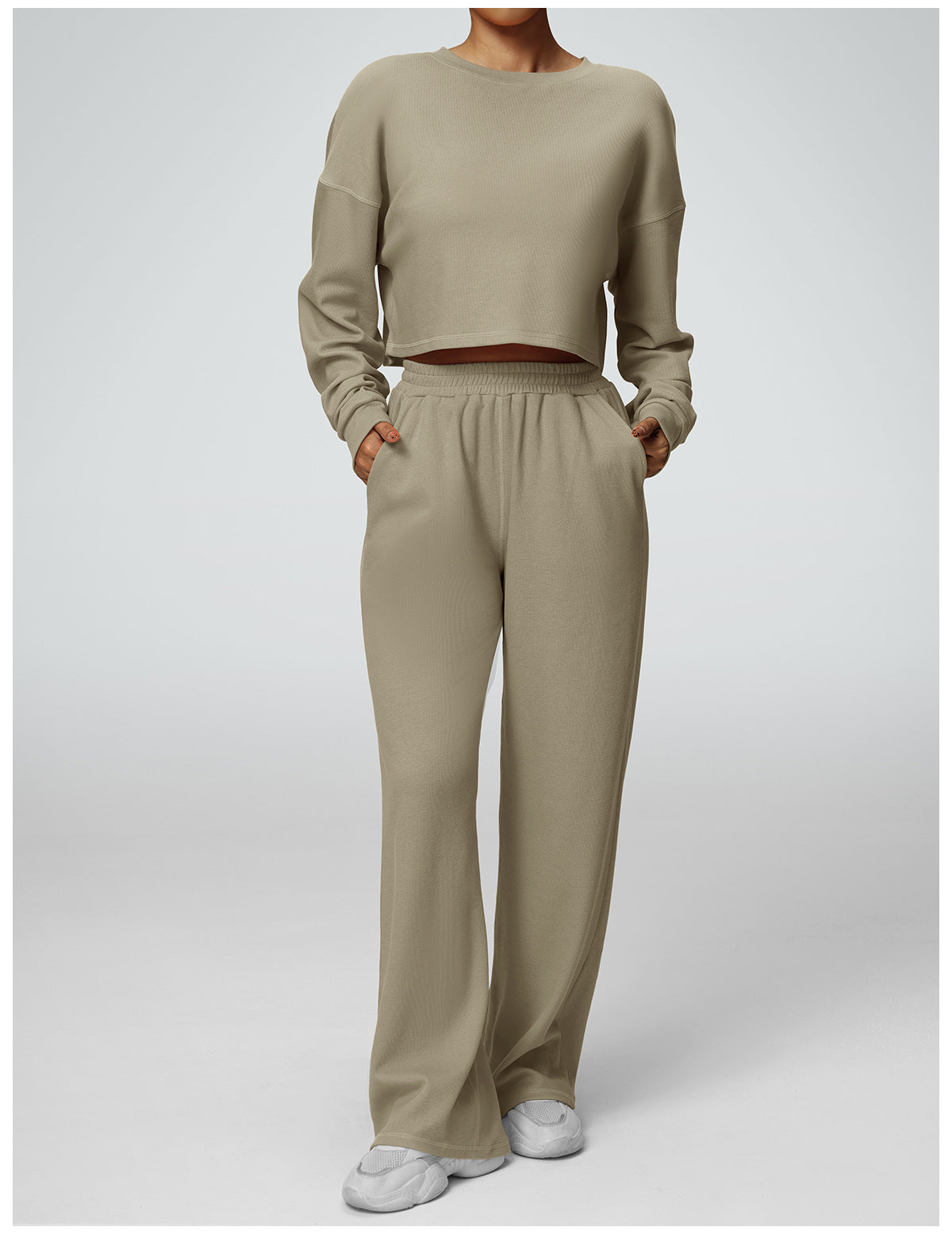 2-Piece Set: Cropped Crew Neck Sweatshirt + High-Waisted Wide-Leg Jogger Pants – Casual Fitness Outfit for Women