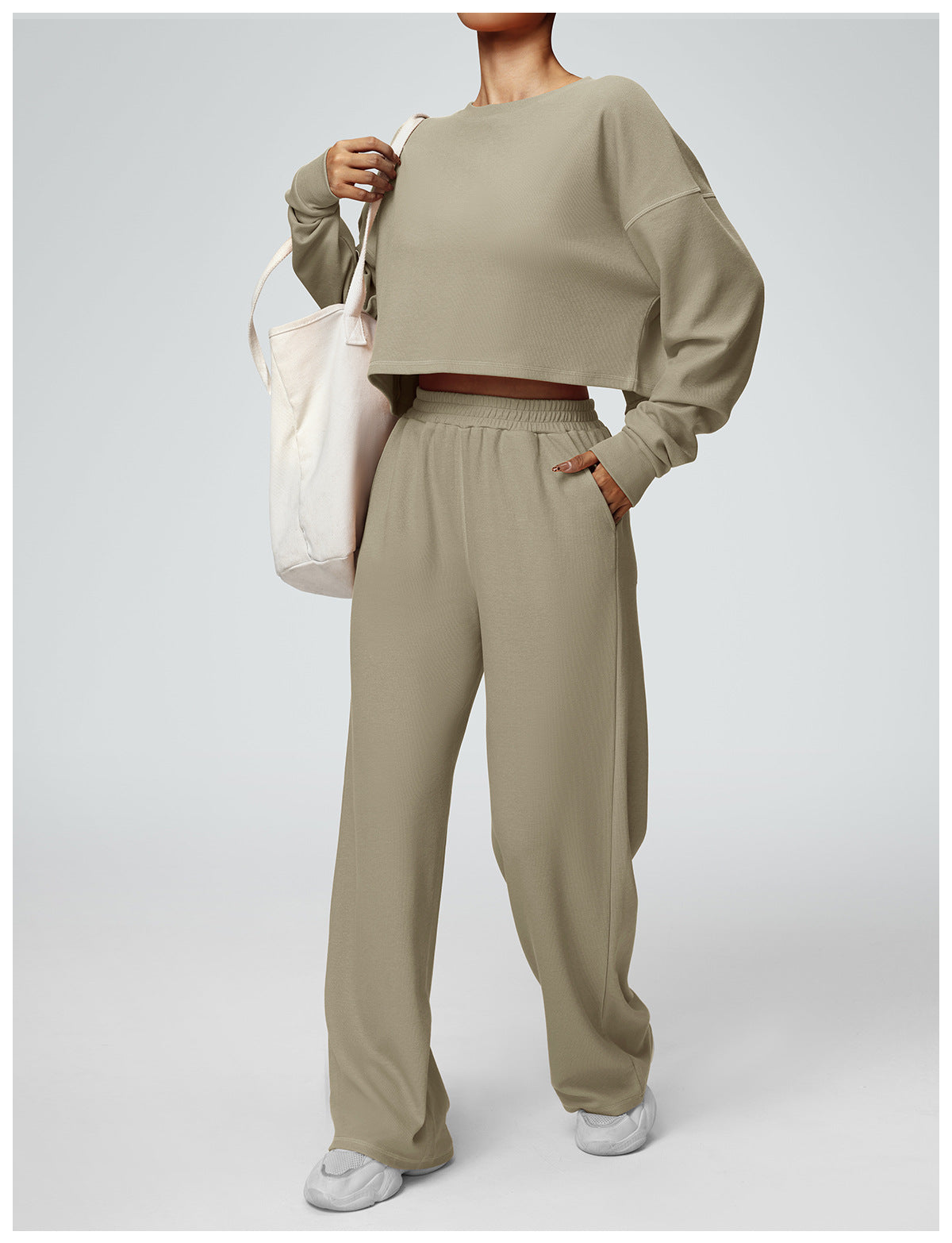 2-Piece Set: Cropped Crew Neck Sweatshirt + High-Waisted Wide-Leg Jogger Pants – Casual Fitness Outfit for Women