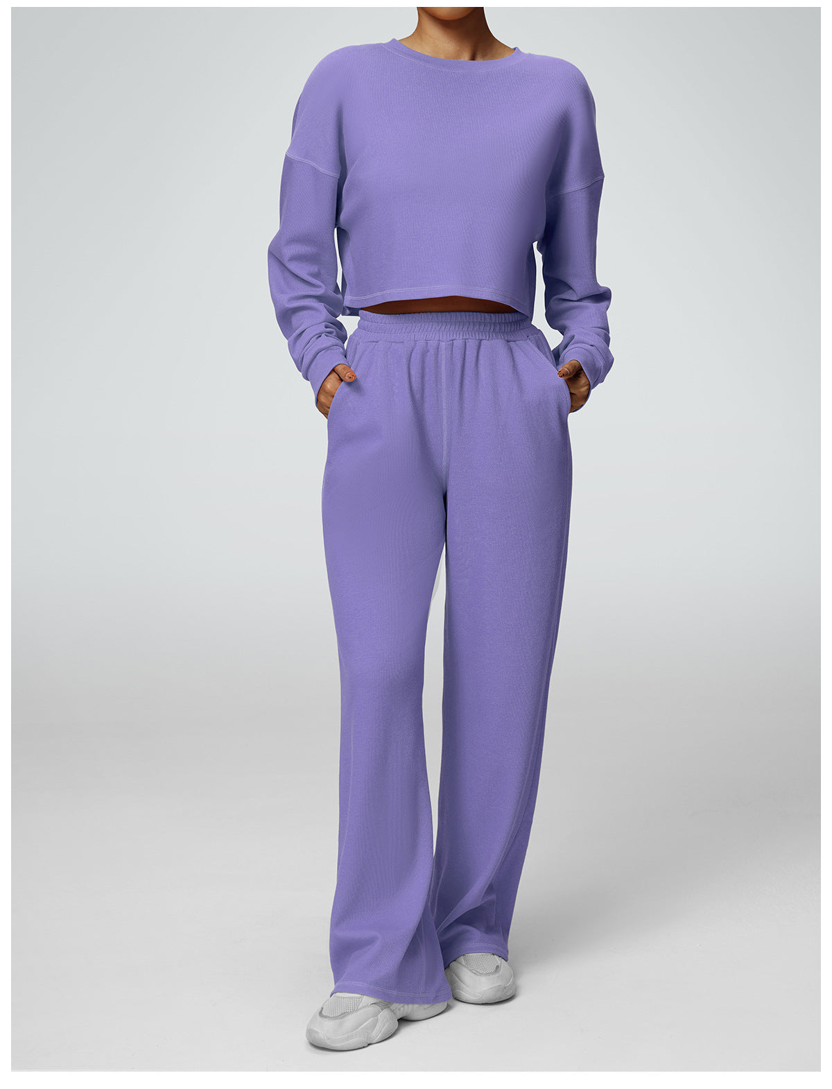 2-Piece Set: Cropped Crew Neck Sweatshirt + High-Waisted Wide-Leg Jogger Pants – Casual Fitness Outfit for Women