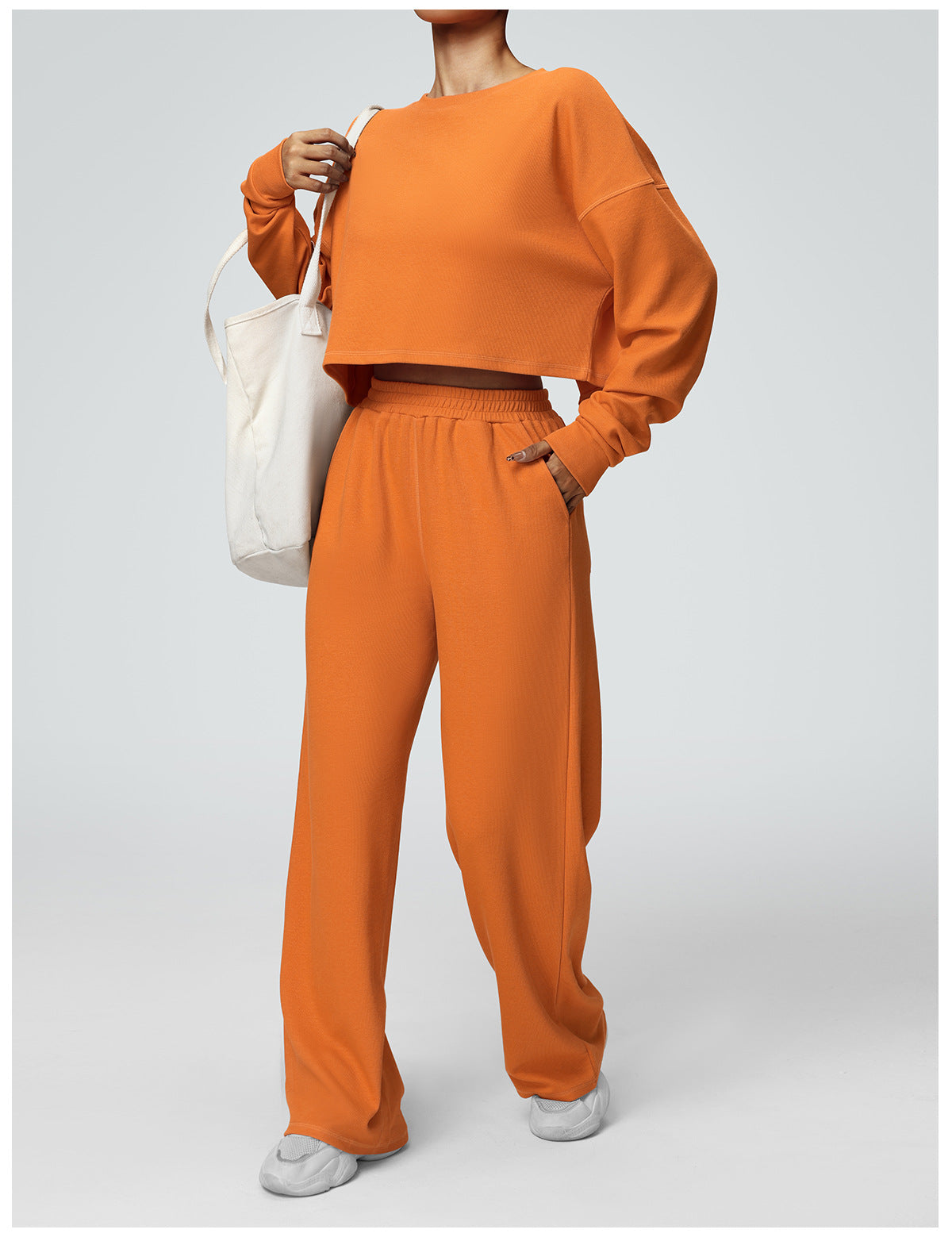 2-Piece Set: Cropped Crew Neck Sweatshirt + High-Waisted Wide-Leg Jogger Pants – Casual Fitness Outfit for Women