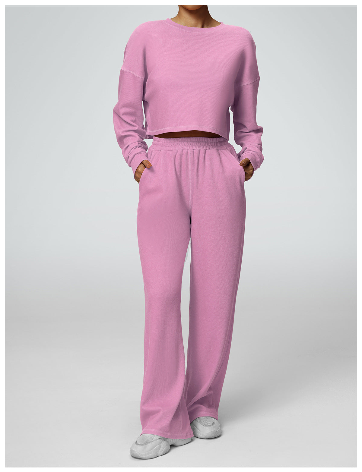 2-Piece Set: Cropped Crew Neck Sweatshirt + High-Waisted Wide-Leg Jogger Pants – Casual Fitness Outfit for Women