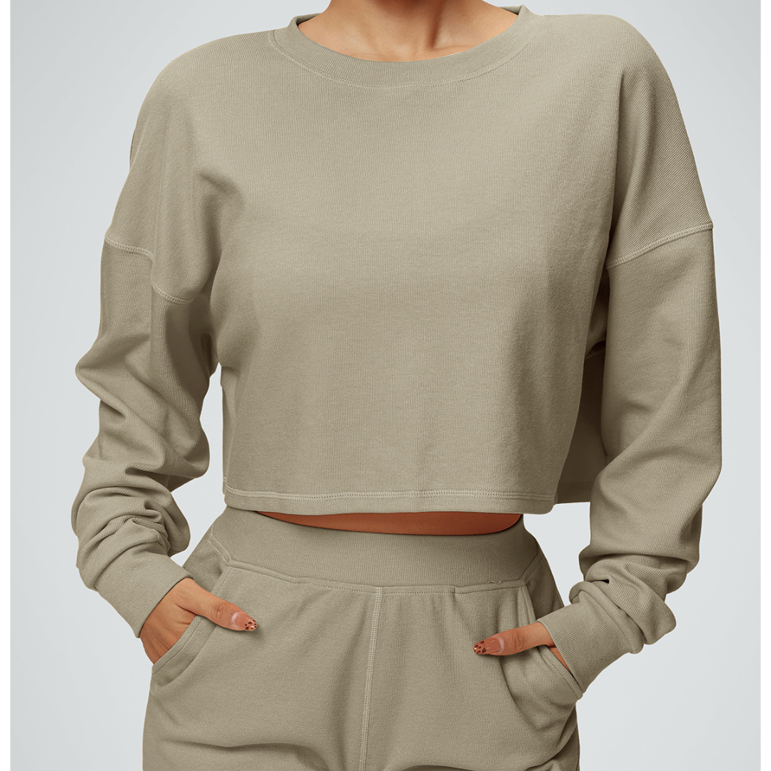 2-Piece Set: Cropped Crew Neck Sweatshirt + High-Waisted Wide-Leg Jogger Pants – Casual Fitness Outfit for Women
